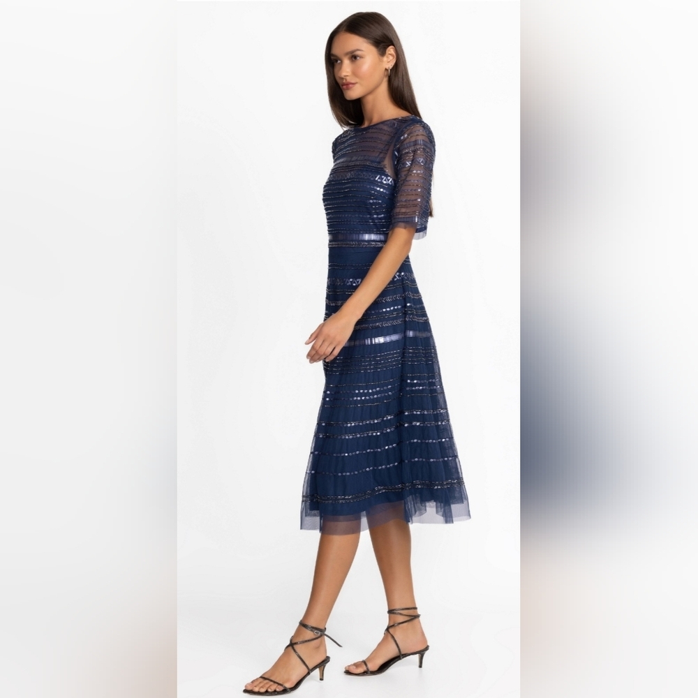 NWT Size 10 Johnny Was Navy & Silver Beaded Sequin Midi Cocktail Dress - Picture 4 of 6